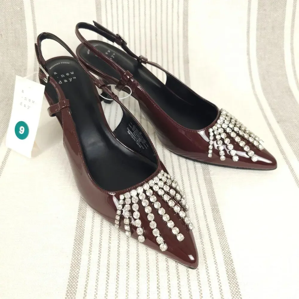 A New Day Kitten Heels Womens 9 Red Patent Slingback Rhinestone Pointed Toe